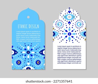 Turkish evil eye symbol tags. Protection from the spoilage signs. Oriental tag curly shaped design. Ethnic arabian ornamental label. Asian brochure template. Eastern style EPS 10 vector illustration