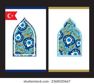 Turkish evil eye symbol tags. Protection from the spoilage signs. Oriental tag curly shaped design. Ethnic arabian ornamental label. Asian brochure template.