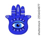 Turkish evil eye. Traditional turkish amulet hand with blue eye. Decorative element. Paranormal and magical tattoo sketch. Flat vector illustration isolated on white background