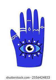 Turkish evil eye. Traditional turkish amulet hand with blue eye. Mysticism and esotericism, occultism. Paranormal and magical tattoo sketch. Flat vector illustration isolated on white background