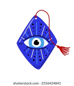 Turkish evil eye. Traditional turkish amulet rhombus shaped with blue eye. Pattern and ornament. Paranormal and magical tattoo sketch. Flat vector illustration isolated on white background