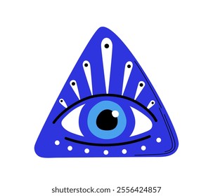 Turkish evil eye. Traditional turkish amulet with blue eye in triangle. Protection from evil spirits. Sticker for social networks. Flat vector illustration isolated on white background