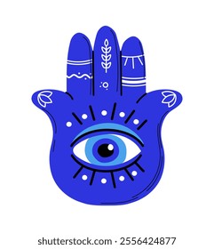 Turkish evil eye. Traditional turkish amulet hand with blue eye. Decorative element. Paranormal and magical tattoo sketch. Flat vector illustration isolated on white background