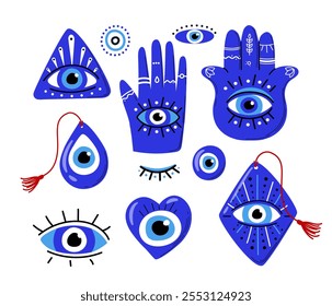 Ojos malvados turcos puestos. Manos, triángulos y corazones con ojos. Amuletos turcos tradicionales. Mitología, misticismo y ocultismo. Colección plana del Vector aislada en el fondo blanco