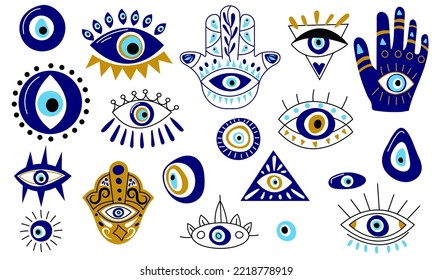 Turkish eye collection. Abstract cartoon blue evil eye Hamsa magic icons, fantasy esoteric talisman protection. Vector contemporary set. Spiritual and sacred items, religious amulets