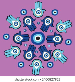 Turkish eye collection. Abstract cartoon blue evil eye Hamsa magic icons, fantasy esoteric talisman protection. Vector contemporary set. Spiritual and