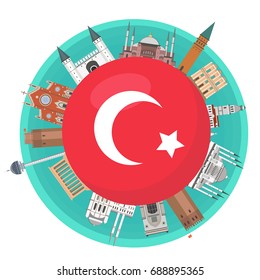 Turkish famous landmarks around the flag of Turkey. Turkish attraction. Travel and tourism flat style vector illustration.