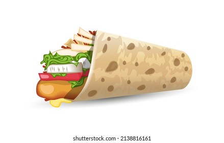 Turkish fast food with meat and vegetables in pita bread. Meal on the grill of shawarma illustration 