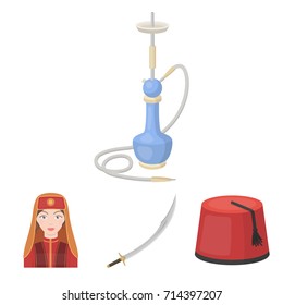 Turkish fez, yatogan, turkish, hookah.Turkey set collection icons in cartoon style vector symbol stock illustration web.