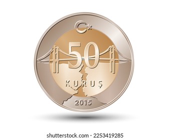 Turkish fifty cents isolated on white background. Vector illustration.