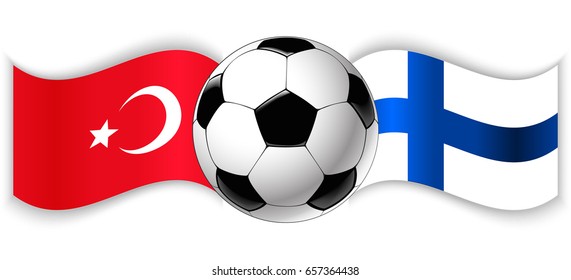 Turkish and Finnish wavy flags with football ball. Turkey combined with Finland isolated on white. Football match or international sport competition concept.