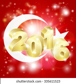 A Turkish flag with 2016 coming out of it with fireworks. Concept for New Year or anything exciting happening in Turkey in the year 2016.