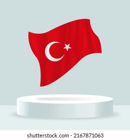 Turkish flag. 3d rendering of the flag displayed on the stand. Waving flag in modern pastel colors. Flag drawing, shading and color on separate layers, neatly in groups for easy editing.