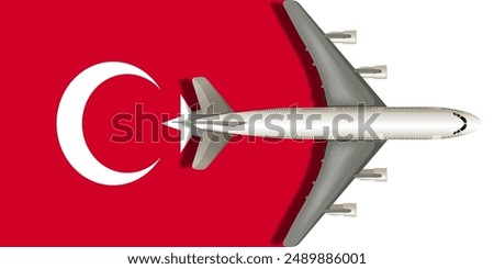 Turkish flag with an airplane flying over it close up. Vector image.
