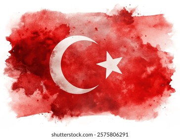 Turkish flag design, watercolor style, red background, artistic representation, cultural symbol, national pride.