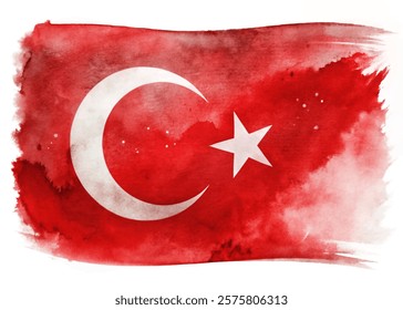 Turkish flag design, watercolor style, vibrant red background, crescent moon and star, artistic representation.