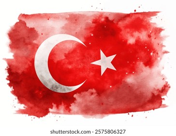 Turkish flag design, watercolor style, red background, white crescent moon, star symbol, artistic representation.