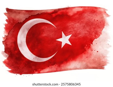 Turkish flag design, watercolor style, vibrant red background, crescent moon and star, artistic representation.