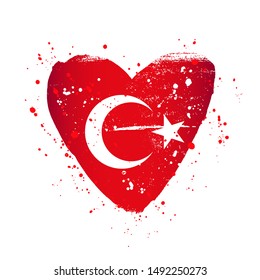 Turkish flag in the form of a big heart. Vector illustration on a white background. Brush strokes are drawn by hand. Turkish Independence Day.