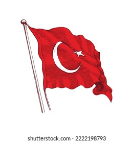 Turkish flag, hand drawn illustration, national flag of Turkey, sketch in vector