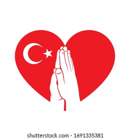 Turkish flag in a heart shape with praying hands - vector illustration sign