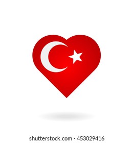 Turkish flag, icon, red heart, white crescent and star. The symbol in 3d illustration, isolated on a white background with shadow. The national love and patriotism.