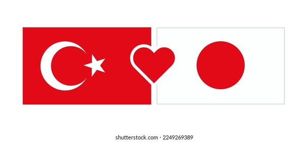 Turkish flag, Japanese flag and heart mark. Friendship between Japan and Turkey. Vector.