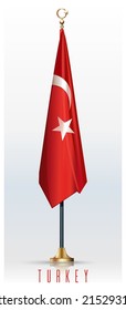 Turkish flag on a metal flagpole. Vector illustration