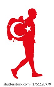 Turkish flag over passenger man with backpack vector silhouette illustration. Traveler boy with luggage go home, carry baggage. Tourist with heavy bag cargo load waiting taxi to airport, after holiday