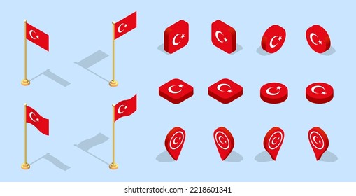 Turkish Flag (Republic of Turkey, Turkiye). 3D isometric flag set icon. Editable vector for banner, poster, presentation, infographic, website, apps, maps, and other uses.