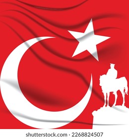 Turkish flag with silhouette of Ataturk monument. Flag of Turkiye. National days of Turkey concept vector. 19th May or 19 Mayis background.