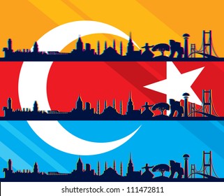 turkish flag and silhouette landmarks