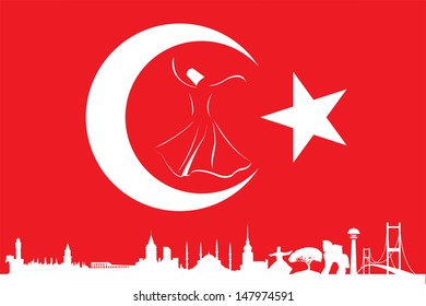 turkish flag and silhouette landmarks