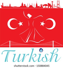 turkish flag and silhouette landmarks vector illustration 