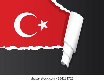 Turkish flag under ripped paper vector illustration.