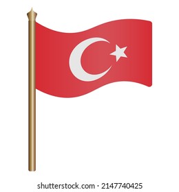 Turkish flag. Vector illustration. The red fabric is decorated with a white crescent and a star. The national symbol of the state develops in the wind. Flat style. Isolated background. Political theme