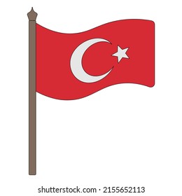 Turkish flag. Vector illustration. The red fabric is decorated with a white crescent and a star. The national symbol of the state develops in the wind. Cartoon style. Isolated background. 