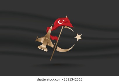 Bandera turca y avión de guerra. Turquía siempre es valiente en la guerra