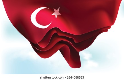 Turkish flag waving in the sky, white moon and star with red background