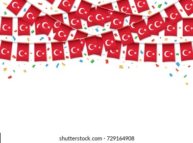 Turkish flags garland white background with confetti, Hang bunting for Turkey Day celebration template banner, Vector illustration