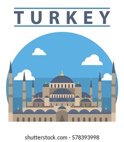 Turkish Flat Illustration, Vector, Landmark, Turkey, Blue Mosque, Sultan Ahmet Mosque