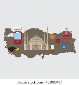 Turkish flat set design elements, landmark of Istanbul, Turkey. Symbols, architecture and food
