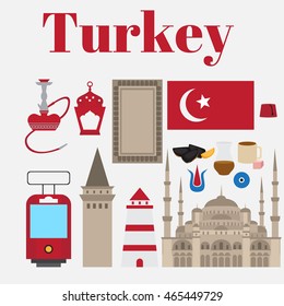 Turkish flat set design elements, landmark of Istanbul, Turkey. Symbols, architecture and food