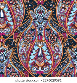 Turkish floral seamless pattern. Paisley folck vector background using boteh or buta. Fantasy decorative repeating tiles with tropical flowers and leaves. Festivale style.