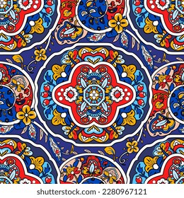 Turkish floral seamless pattern. Paisley folck vector background using mandala. Fantasy decorative repeating tiles with tropical flowers and leaves. Festivale style.