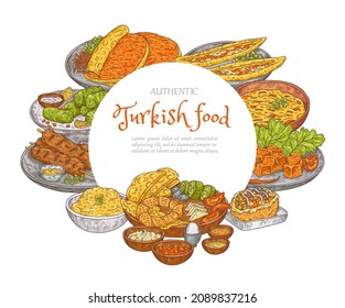 Turkish food banner with circle frame and copy space for text, sketch vector illustration on white background. Traditional middle east cuisine for restaurant or cafe menu design.