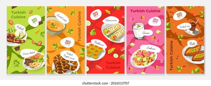 Comida turca, cartel de juego, ilustración vectorial. Carne tradicional de kebab, sopa de lentejas, baget simit en el diseño de la historia. Colección de cocina de restaurante con baklava, shawarma, bebida ayran y lokum.