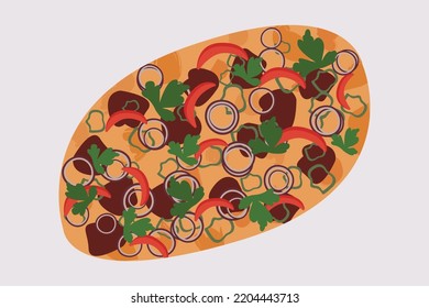 Turkish food of bread, meat and eggs isolated on white background. Pide or lahmacun from dough. Oriental pizza or snack. Vector in flat style. Oriental cuisine and traditional dishes of Turkey.