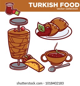 Turkish food cuisine dishes vector flat icons for traditional Turkey restaurant menu