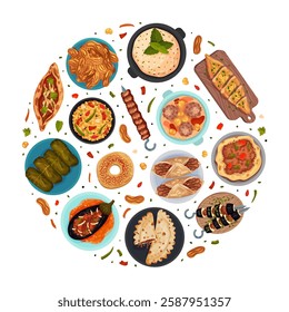 Turkish Food and Dish Round Composition Design Vector Template